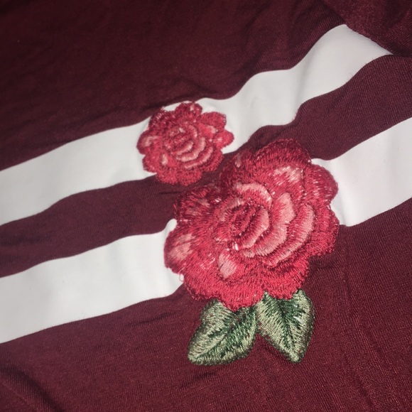 Hollister- Maroon T-Shirt w/ Roses and Stripes - Picture 3 of 5